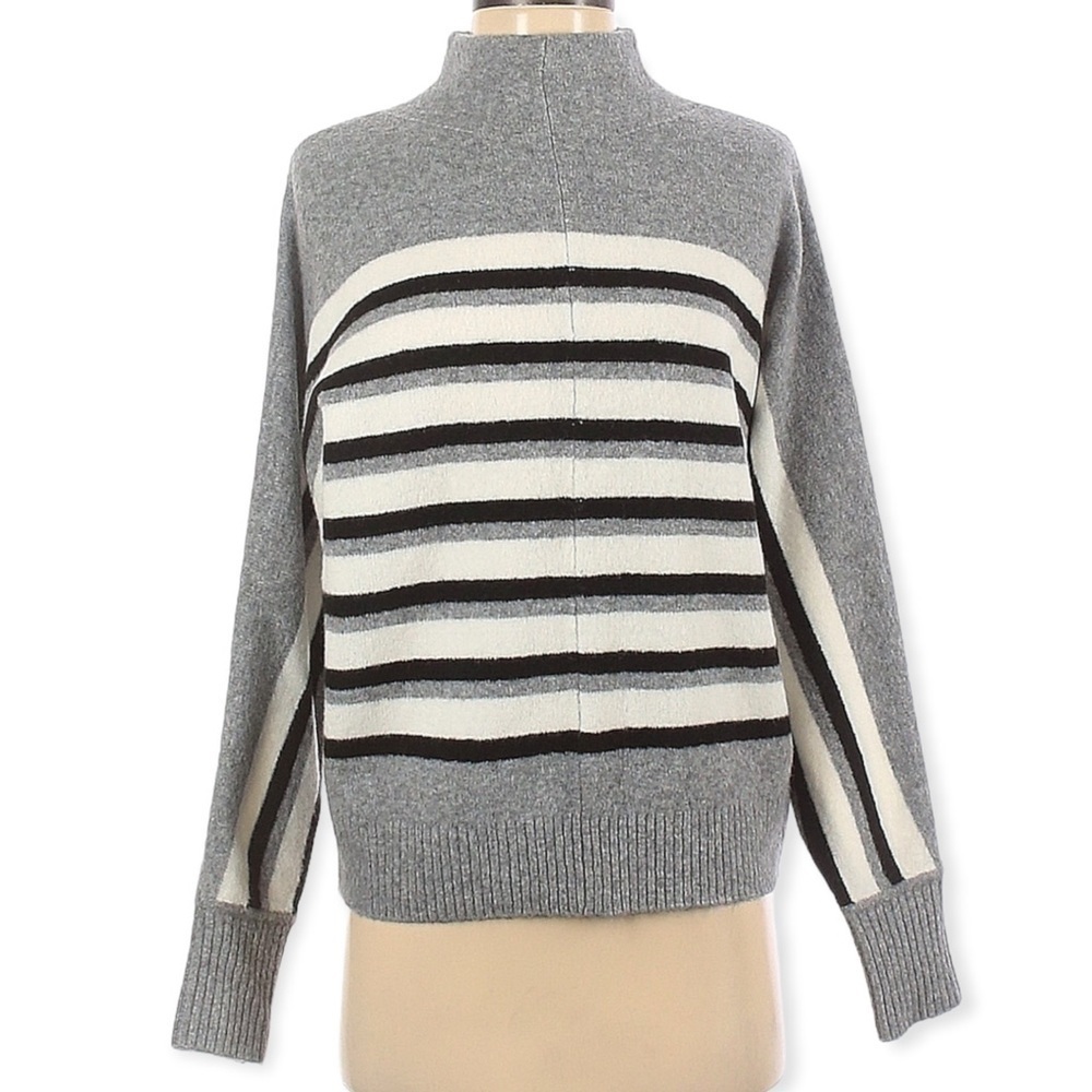 LOFT Wool Blend Mock Neck Dolman Sleeve Sweater, Grey Stripe, Size XS